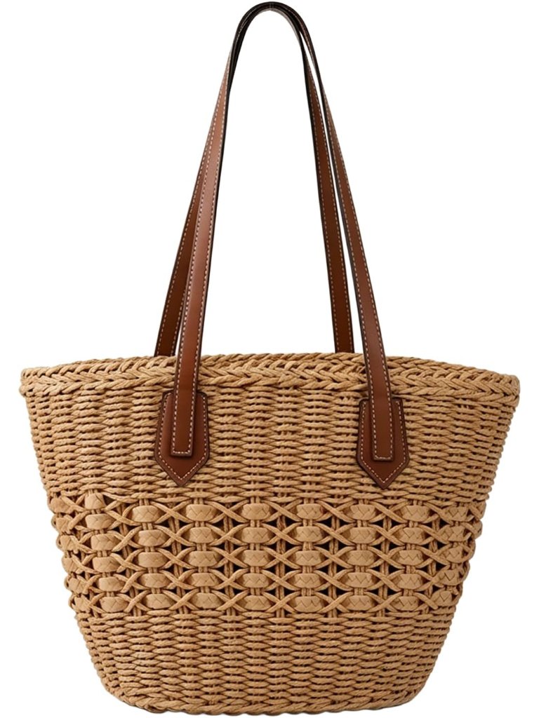 Straw Tote Bag Woven Beach Bag For Women, Large Capacity Summer Shoulder Leather